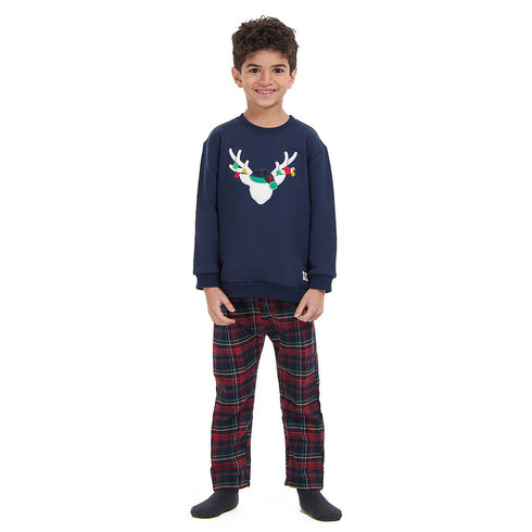 Boys Winter pajama set Dark Blue deer Hoodie + Dark Blue x Red Checkered Pants